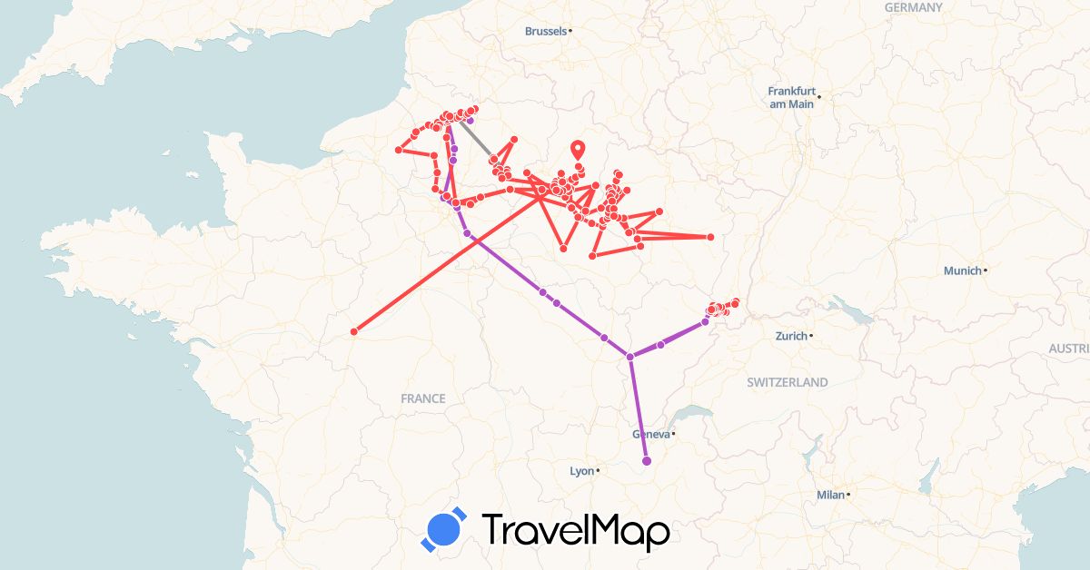 TravelMap itinerary: driving, plane, train, hiking in France (Europe)
